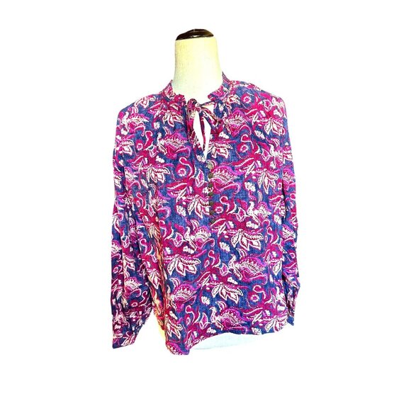 Pilcro Anthropologie Pink Blue Floral Boho Peasant Button Front Blouse Top Women - Picture 4 of 10